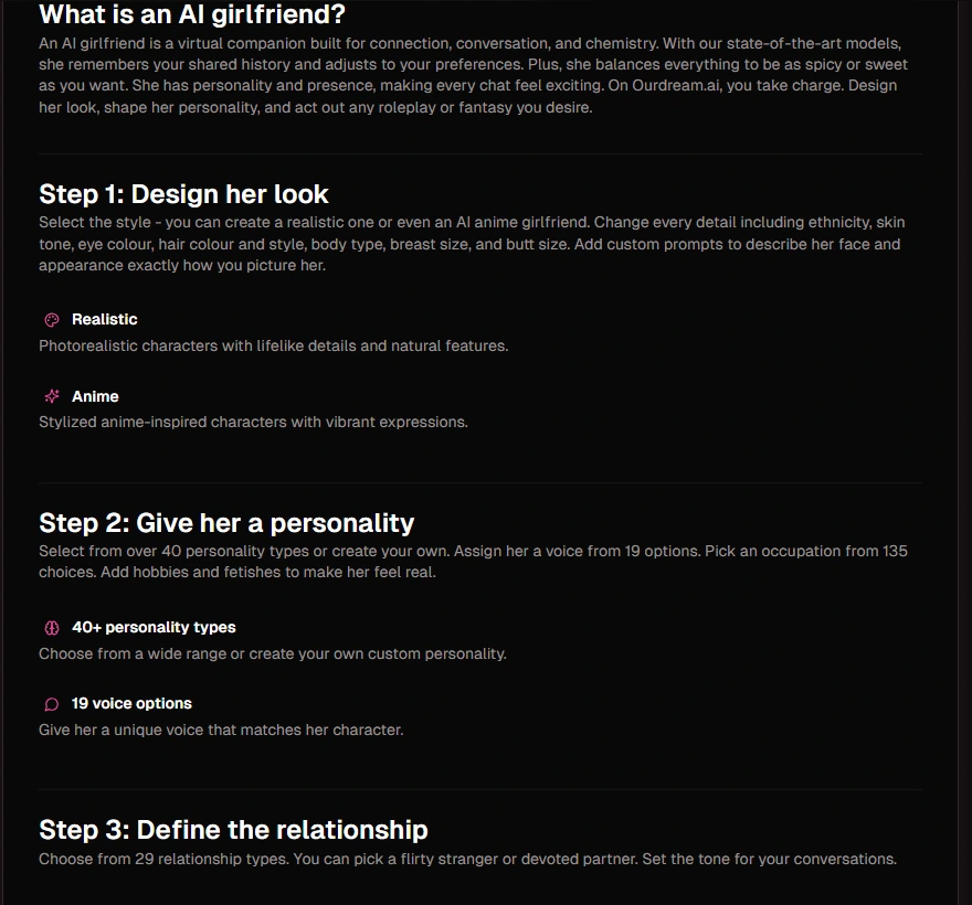 OurDream character builder steps for look, personality and relationship