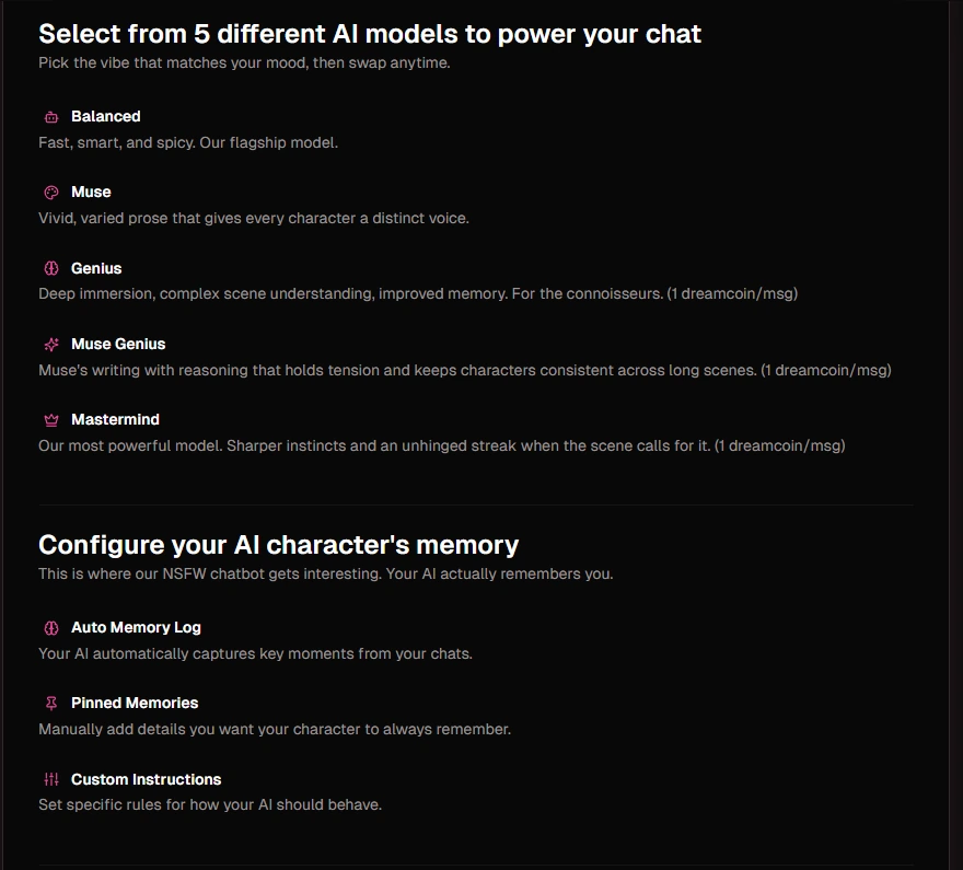 OurDream chat model and memory settings
