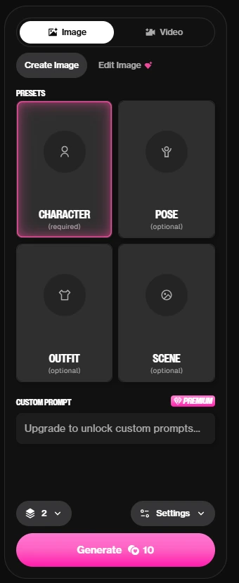 OurDream image generator controls for character, pose, outfit and scene