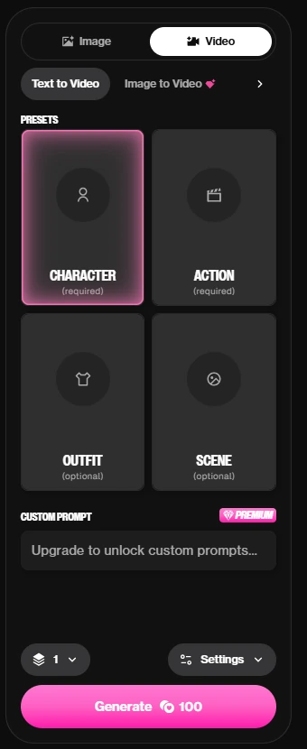 OurDream video generator controls for character, action, outfit and scene